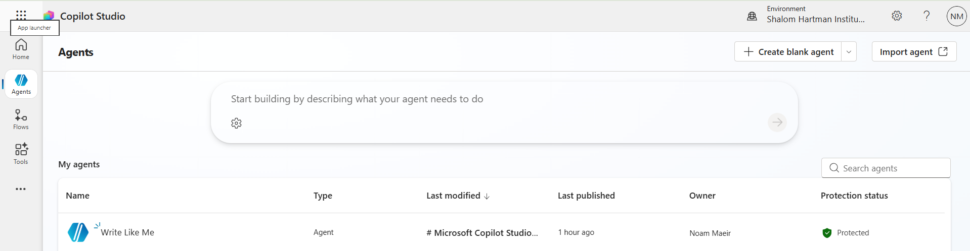 Copilot Studio Agents page with Create blank agent button