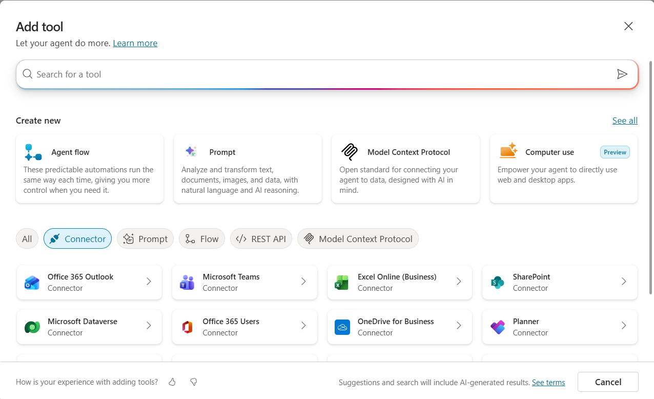 Add tool dialog filtered to Connectors with Office 365 Outlook visible