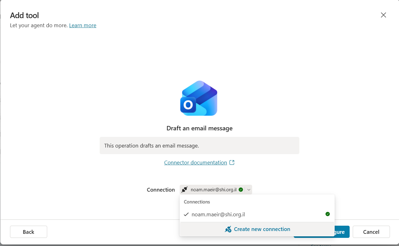 Draft an email message connector with Outlook account selected