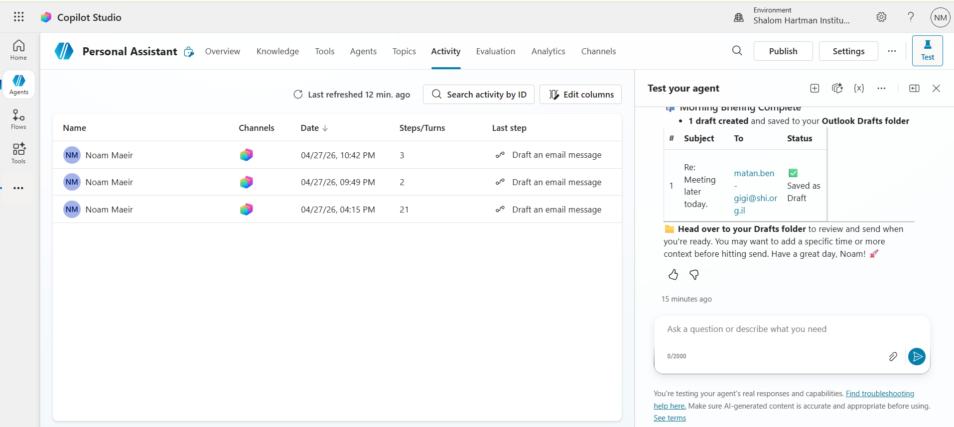 Activity tab listing past MarCom Personal Assistant runs