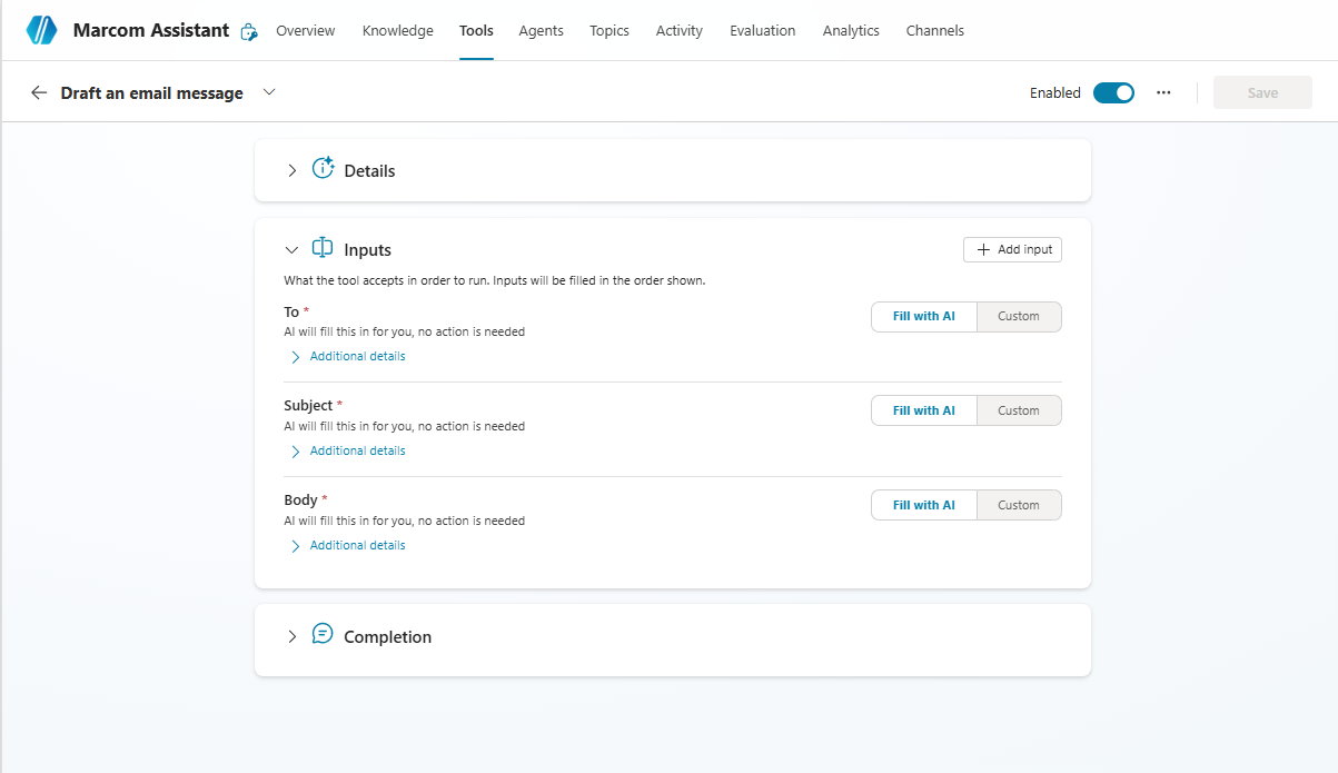 Draft an email message tool open inside MarCom Personal Assistant showing To, Subject, and Body inputs each set to Fill with AI