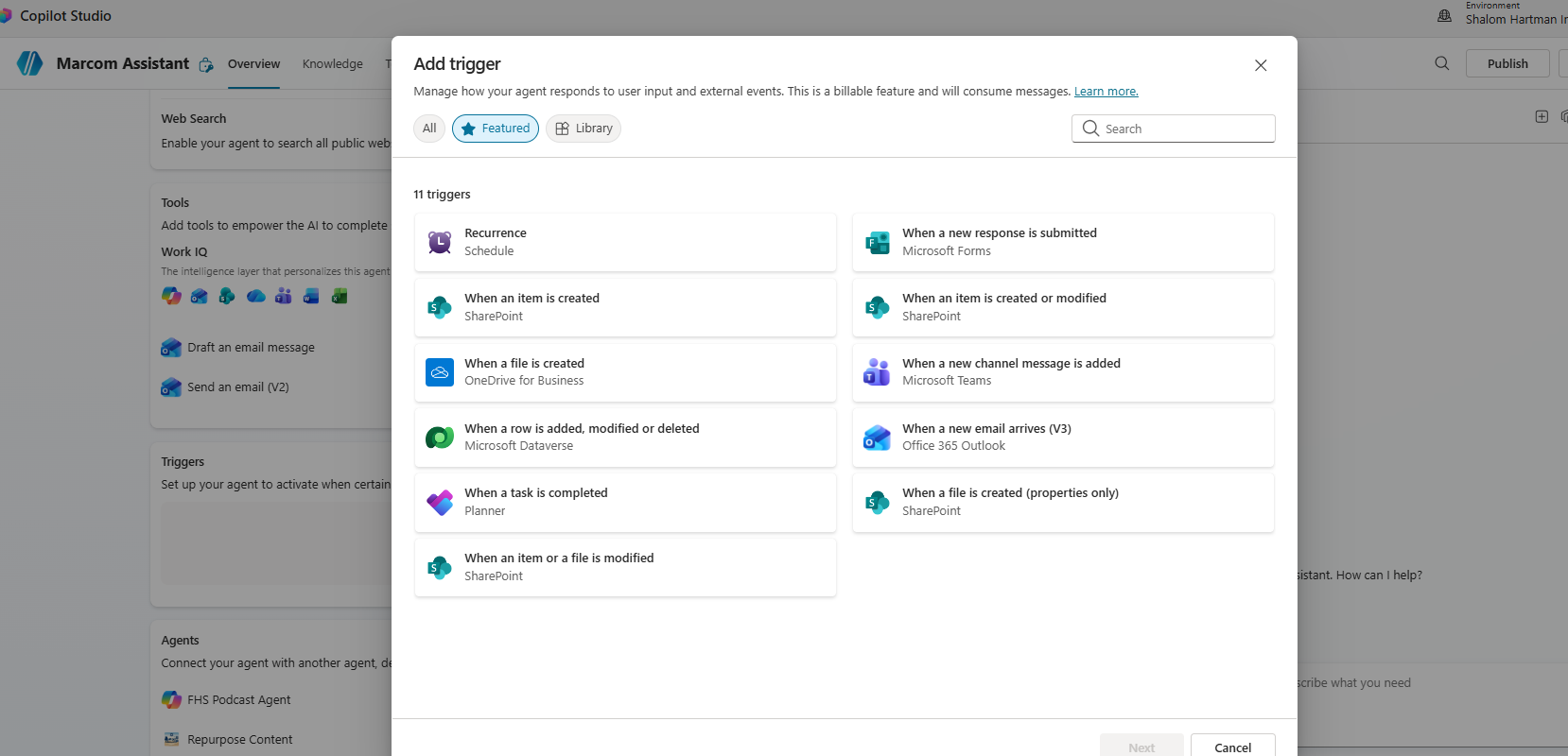 Copilot Studio Add trigger dialog showing eleven trigger options including Recurrence, When a new email arrives, When a row is added, When a file is created