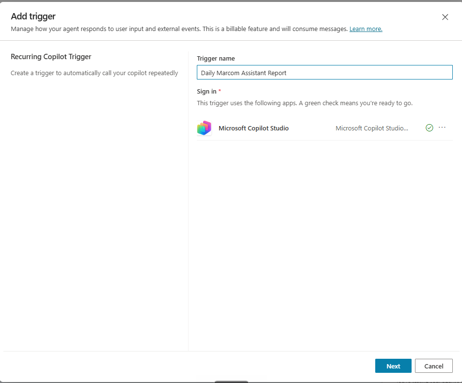 Recurring Copilot Trigger configuration with trigger name Daily MarCom Personal Assistant Report and Microsoft Copilot Studio sign-in showing a green check