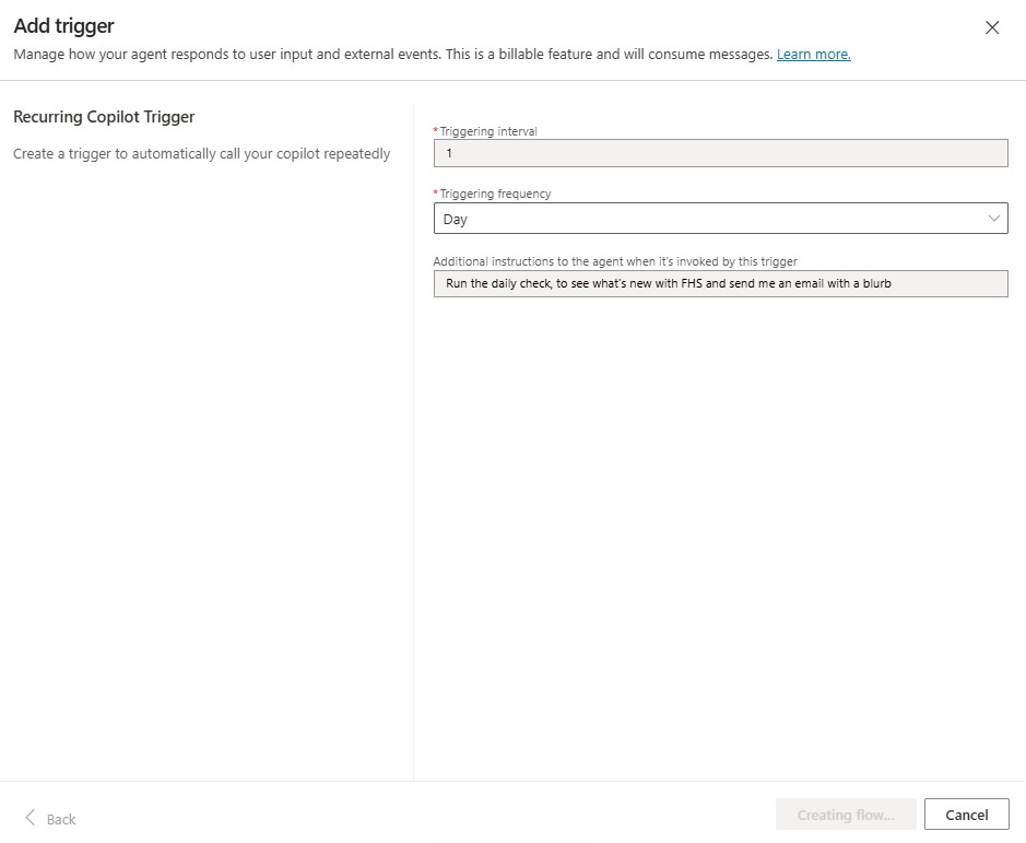 Recurring Copilot Trigger configuration with all three fields filled: interval 1, frequency Day, and Additional instructions reading Scheduled daily run, pull what's new on hartman.org.il, write a newsletter blurb, and save it as a draft in Outlook