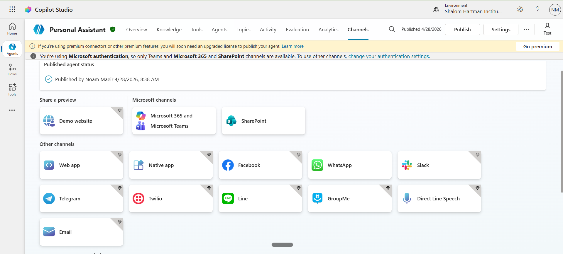 Channels tab showing Microsoft 365 and Teams tile