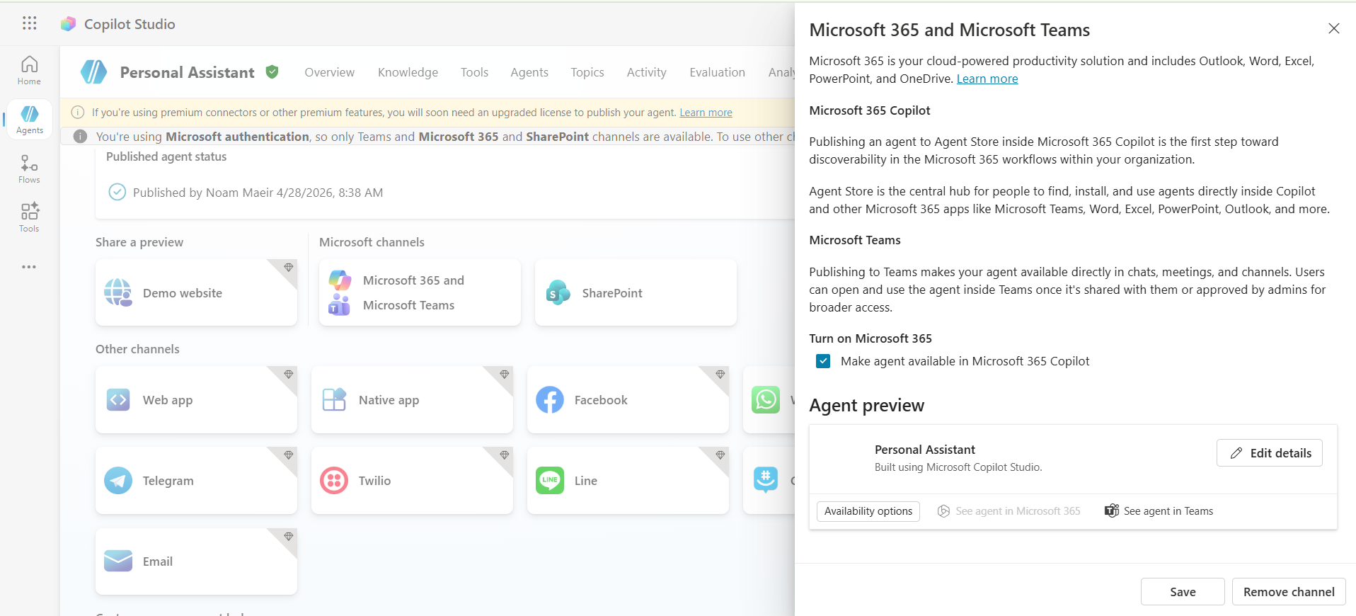 Microsoft 365 and Microsoft Teams panel with Make agent available checked