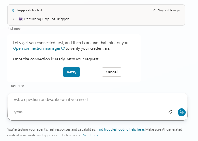 Test pane showing Trigger detected card with Open connection manager link, Retry, and Cancel buttons